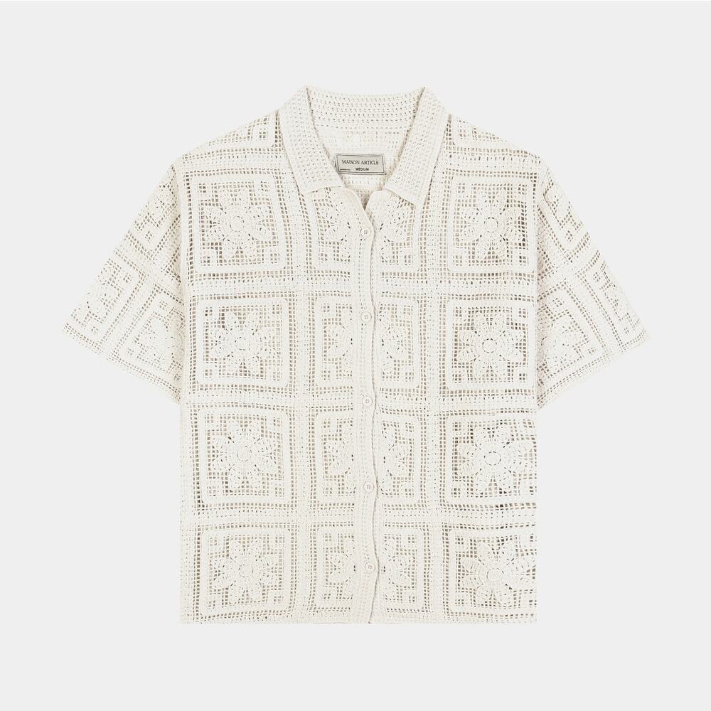 MAISON ARTICLE Crochet Button Front Camp Shirt Floral Resort Cabana Top | Medium